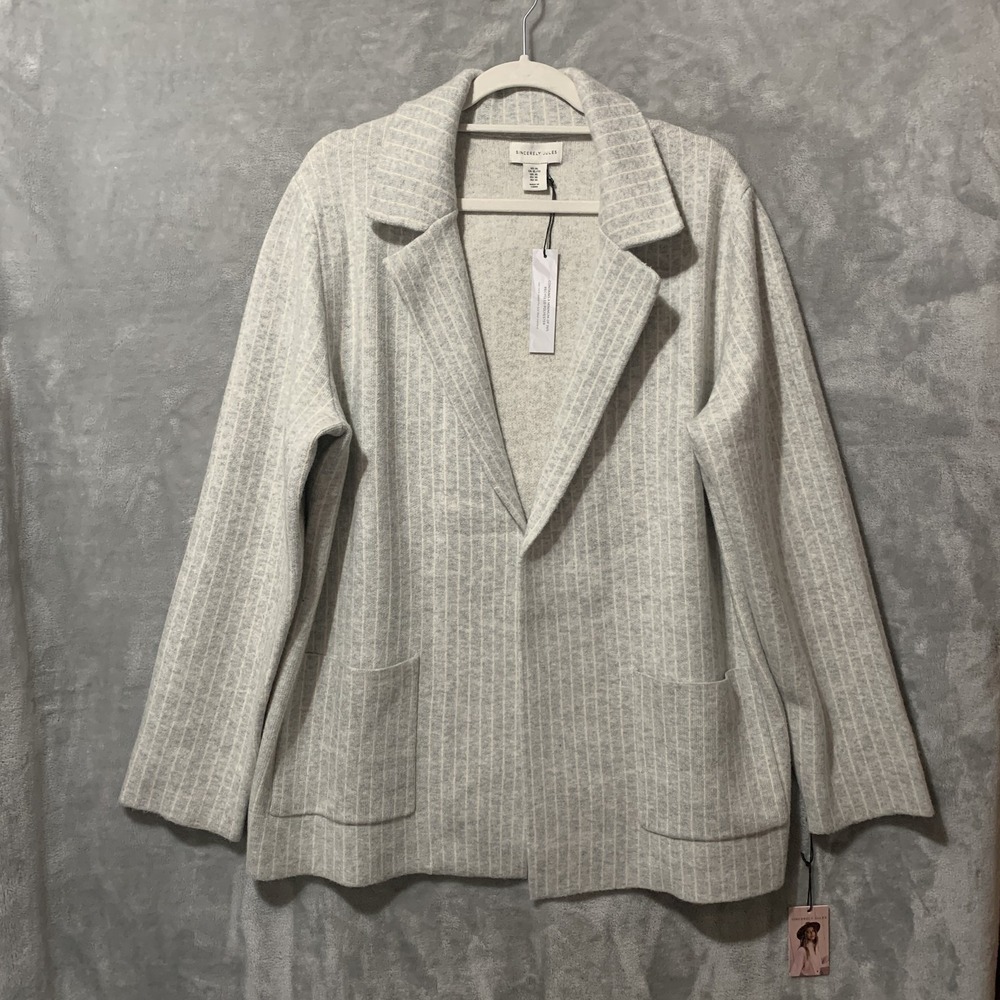 Sincerely Jules Women's XL Striped Open Front Blazer Sweater Jacket Gray White - Picture 2 of 16